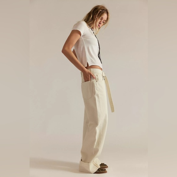 NWT Free People East Bay Cuffed Straight Belted Baggy Jeans - Picture 2 of 6
